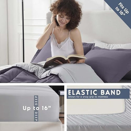 Nestl 9 Piece Queen Comforter Set – Grayish Purple Reversible Bed in a Bag – Complete Queen Size Bedding Set with Sheets, Set of 2 Cooling Pillows, Pillowcases and Shams