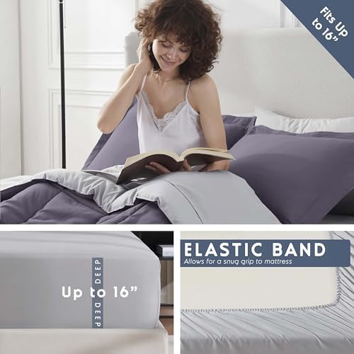 Nestl 9 Piece California King Comforter Set – Grayish Purple Reversible Bed in a Bag – Complete Cal King Size Bedding Set with Sheets, Set of 2 Down Alternative Pillows, Pillowcases and Shams