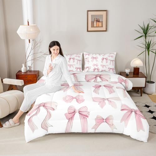 jejeloiu Watercolor Bow Bedding Set Soft for Boys Girls, Cute Pink Bowknot Comforter Set Full Size Girls Bow Duvet Quilt Microfiber Bedroom Decor 3 Pcs with 2 Pillow Cases