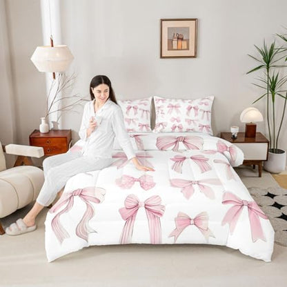 jejeloiu Watercolor Bow Bedding Set Soft for Boys Girls, Cute Pink Bowknot Comforter Set Full Size Girls Bow Duvet Quilt Microfiber Bedroom Decor 3 Pcs with 2 Pillow Cases