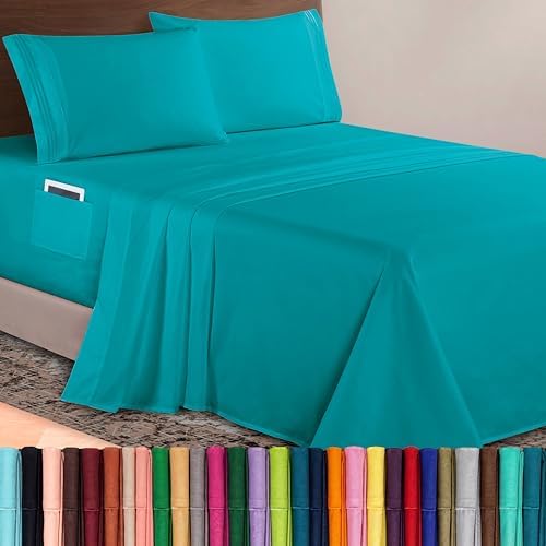 Elegant Comfort Luxurious 1500 Premium Hotel Quality Microfiber 4-Piece Sheet Set, 18-24 Inches Deep - Extra Deep Pocket Sheets - Ultra Soft 4PC Deep Pocket Sheets, King, Turquoise