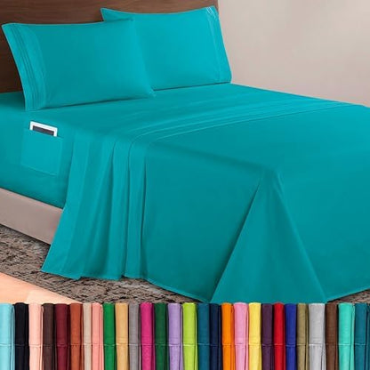 Elegant Comfort Luxurious 1500 Premium Hotel Quality Microfiber 4-Piece Sheet Set, 18-24 Inches Deep - Extra Deep Pocket Sheets - Ultra Soft 4PC Deep Pocket Sheets, King, Turquoise