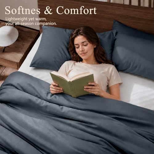 Queen Duvet Cover Set 3 Pieces, 100% Organic Viscose derived from Bamboo, Luxuriously Soft & Cooling, 1 Duvet Cover and 2 Pillowcases, 90" x 90"(Queen, Dark Grey)