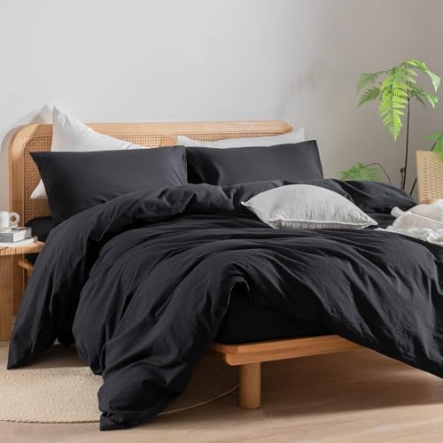 BESTOUCH Cotton Solid Duvet Cover Set Linen Feel Deep Black Alaska King