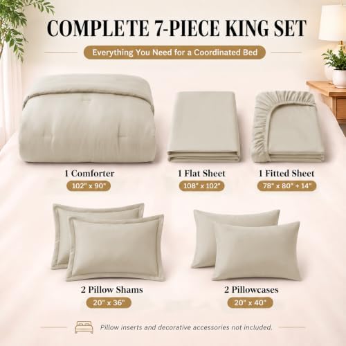 CozyLux King Size Comforter Set Oatmeal, 7 Pieces Bed in a Bag