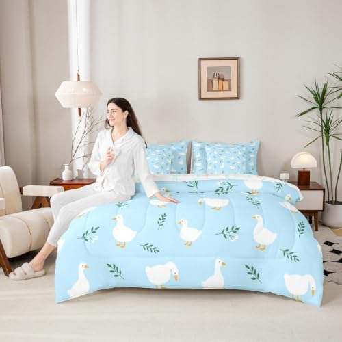 Erosebridal Cute Silly Goose Twin Size Bedding Set Boys Cartoon Ducks 7 Pieces Comforter Set with Sheets for Kids Teens Funny Animals Bed in a Bag Light Blue Farmhouse Floral Bed Sets
