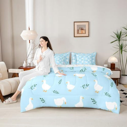 Erosebridal Cute Silly Goose Twin Size Bedding Set Boys Cartoon Ducks 7 Pieces Comforter Set with Sheets for Kids Teens Funny Animals Bed in a Bag Light Blue Farmhouse Floral Bed Sets