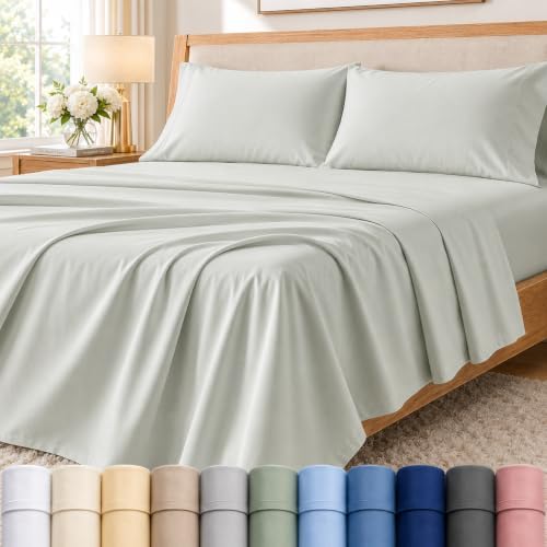 Queen Sheets, 400 Thread Count Cotton Sheets Queen Size Bed Set - Mineral