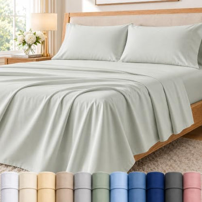 Queen Sheets, 400 Thread Count Cotton Sheets Queen Size Bed Set - Mineral