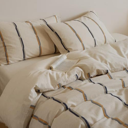 mixinni Cotton Linen Jacquard Duvet Cover Set King, 3-Piece Mid-Century Modern Bedding, Vintage Striped Bohemian Duvet Cover with 2 Pillowcases, All-Season Breathable Comforter Cover-King Size