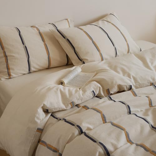 mixinni Cotton Linen Jacquard Duvet Cover Set Queen, 3-Piece Mid-Century Modern Bedding, Vintage Striped Bohemian Duvet Cover with 2 Pillowcases, All-Season Breathable Comforter Cover-Queen Size