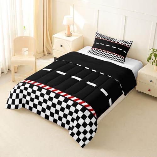 Feelyou Boys Race Car Comforter Set All Season Black White Plaid Bedding Set with 1 Pillow Cases Buffalo Check Microfiber Kids Toddler Bedclothes Bedroom Decor Duvet Quilt Breathable Soft Lightweight