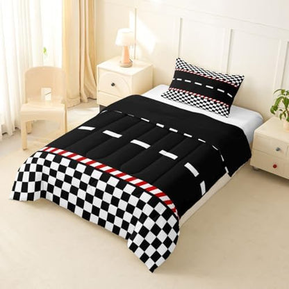 Feelyou Boys Race Car Comforter Set All Season Black White Plaid Bedding Set with 1 Pillow Cases Buffalo Check Microfiber Kids Toddler Bedclothes Bedroom Decor Duvet Quilt Breathable Soft Lightweight