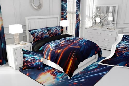 Boys Race Car Toddler Size Bedding Set,Cool Race Sports Car Set Comforter Set for Kids Boys,Teal Blue Racing Cars Bed for Boy,Glitter Stripes Cool Sports Cars Bedding Comforter Set,Soft Lightweight