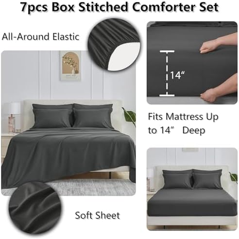 CozyLux Queen Comforter Set, 7-Piece Bed in a Bag, Dark Grey