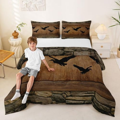 Manfei Cute Mallard Comforter Set Twin Size,Rustic Farmhouse Brown Wooden Bedding Set 2pcs,Fishing and Hunting Down Comforter for All Season,Kids Boys Girls Room Decor,1 Pillowcase,No Sheets