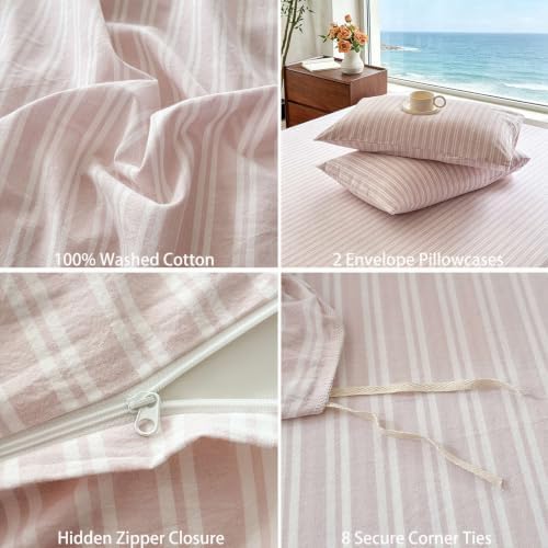 Striped Duvet Cover Set Full Size 3 Piece 100% Washed Cotton Linen Like Textured Bedding Comfy Breathable (Full, Double Stripe-Greyish Pink/White)
