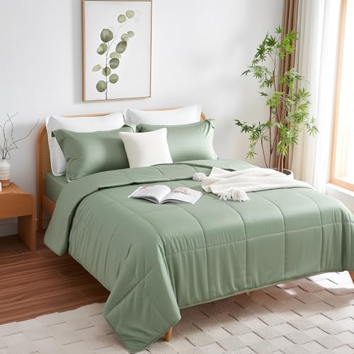 NEXHOME PRO 100% Viscose from Bamboo Comforter Queen Size - Ultra-Soft, Breathable, Lightweight All-Season & Summer Duvet Insert, Natural Temperature Regulating for Cooling Sleep Sage Green