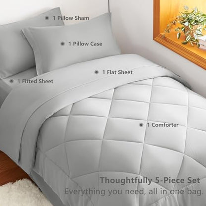 CozyLux Twin Comforter Set 68"x88" Light Grey - 5 Piece Bed in a Bag