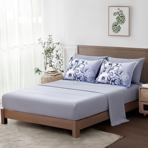 Luxudecor Floral Comforter Set King Size 7 Piece, Blue Flower Bed in a Bag, Elegant Gradient Floral Comforter with Sheet Set, Soft Seersucker Microfiber Bedding Set for All Season (Blue, 104"x90")