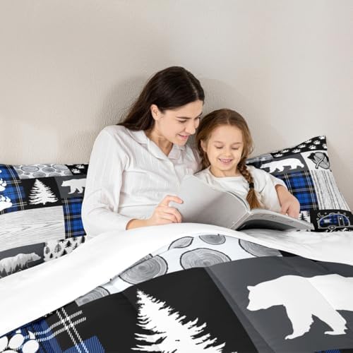 Bear Paws Comforter Set Queen Size,Pine Trees Geometric Plaids Patchwork Bedding Set for Kids Boys Girls Adults Room Decor,Hunting Adventure Down Comforter,Blue Rustic Duvet Insert,2 Pillowcases