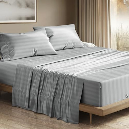 THREAD SPREAD Egyptian Cotton Sheets King Size - 1200 Series Plush Collection Damask Sheet Set Egyptian Cotton (4 PC, Silver Grey Stripe), Luxury Sheet King Size, Soft, Cooling Deep Pocket Sheets