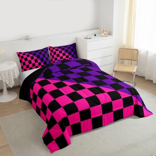 Feelyou Checkered Retro Kids Comforter Set Twin Size Modern Geometric Cute Bedding Set Rose Pink Purple Duvet Quilt for Kids Boys Girls Bedroom Vintage Simple Groovy Aesthetic Decor