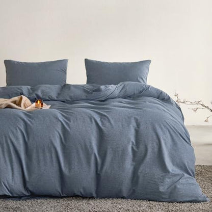 Wake In Cloud - Cotton Duvet Cover Set, 100% Washed Cotton, Linen Like Textured, Breathable Durable Comfy Farmhouse Neutral Bedding Set, 3 Pieces, Denim Blue, Full Size