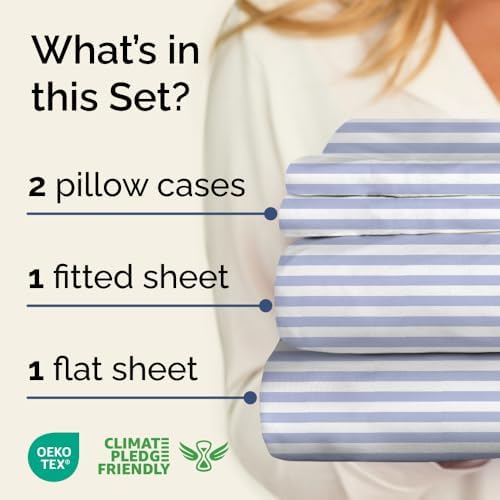 Cal King 4 Piece Striped Sheet Set - Soft, Breathable & Cooling - Blue Sky