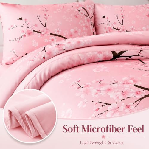 CCoutueChen Pink Cherry Blossom Comforter Set Queen,Japanese Floral Bedding