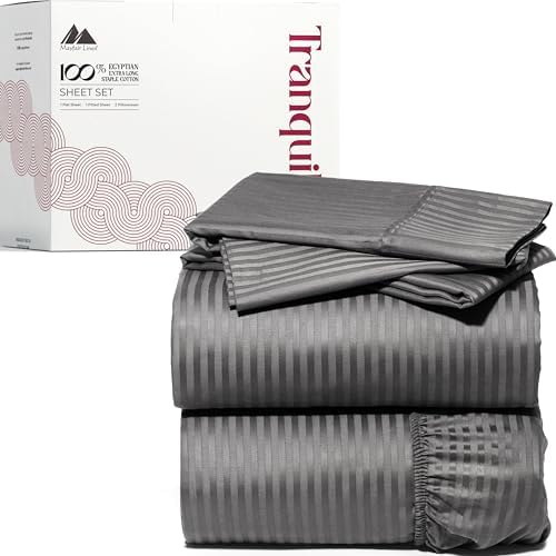 Mayfair Linen Egyptian Cotton Sheets King Size - Luxury 800 Series High Thread Count King Sheets (4 PC, Dark Grey - Stripe), Soft Cooling 16" Deep Pocket Hotel Bed Sheet Set - Tranquil Collection