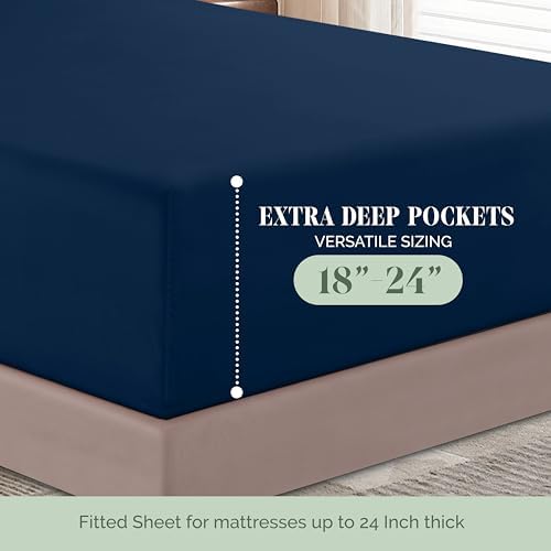 Elegant Comfort 4-Piece Bed Sheet Set - Luxury Bedding 1500 Premium Hotel Quality Microfiber, All Around Elastic 18-24 Inches Deep Fitted Sheet- Extra Deep Pocket Sheets, Queen, Navy Blue