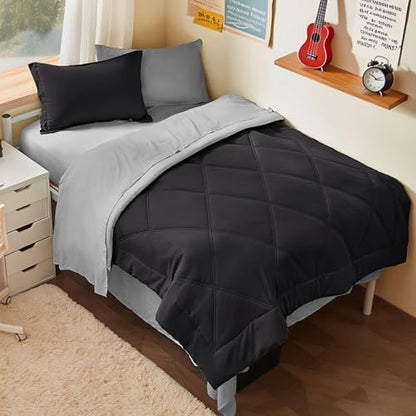 Joiedomi Twin Comforter Set with Sheets Black, 5 Pieces Twin Bedding Sets with 1 Down Alternative Comforter, 1 Flat Sheet, 1 Fitted Sheet, 1 Pillowcase and 1 Pillow Sham, Bed in a Bag for All Seasons