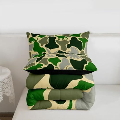 Feelyou Green Dinosaur Comforter Set All Season Camouflage Bedding Set with 1 Pillow Cases Green Camo Dino Microfiber Kids Twin Bedclothes Bedroom Decor Duvet Quilt Breathable Soft Lightweight
