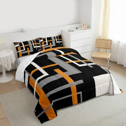 Square Comforter Set Queen for Boys Kids Orange Black Line Room Decor Abstract Art Comforter Aldults Bedroom Modern Minimalist Bedding Set 1 Comforter with 2 Pillow Cases,Lightweight Soft