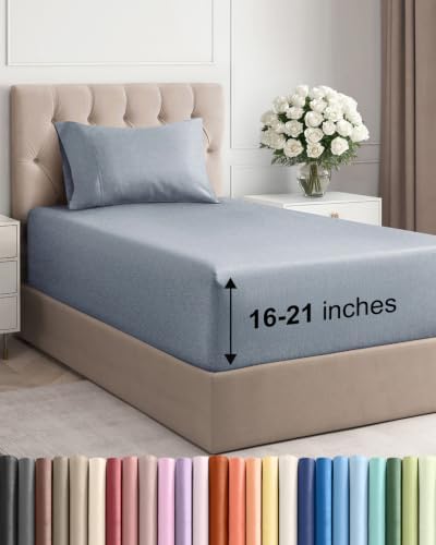 Extra Deep Pocket Twin XL Sheet Set - Breathable & Cooling - Heathered Blue