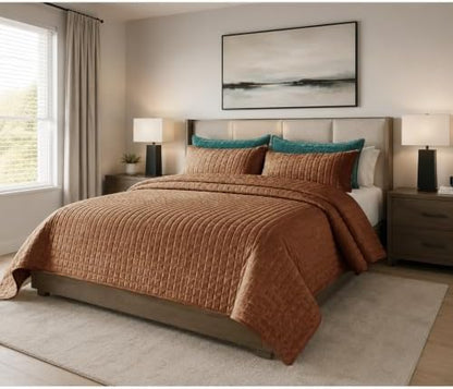 Quilt Set Oversized King Size 120x120 Luxurious Velvet Bedding Sets with 2 Pillow Shams 20x36 3 Pieces Ultra Soft Quilted Bedspread Coverlet Comforter for All Season,Caramel
