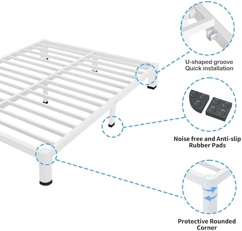 ROIL 20 Inch White Queen Bed Frame with Rounded Corner & 4 Mattress Baffles