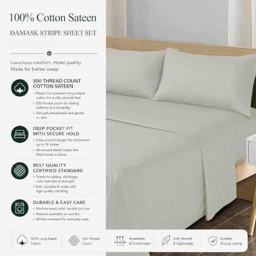 Feather & Stitch 100% Cotton Sateen 500 TC Split King Size Bed Sheet Set