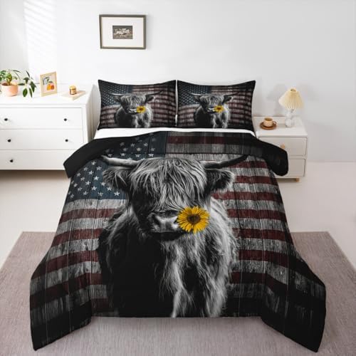 Feelyou Highland Cattle Bedding Set Sunflower Highland Cow Comforter Set for Kids Boys Girls America Flag Bull Comforter Animal Quilt Set 1 Comforter Set with 2 Pillowcases Full Size