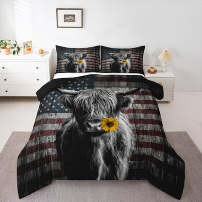 Feelyou Highland Cattle Bedding Set Sunflower Highland Cow Comforter Set for Kids Boys Girls America Flag Bull Comforter Animal Quilt Set 1 Comforter Set with 2 Pillowcases Full Size