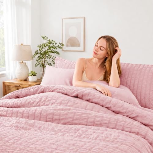 HIMEET Full Comforter Sets, 7-Piece Seersucker Bed in a Bag, Pink