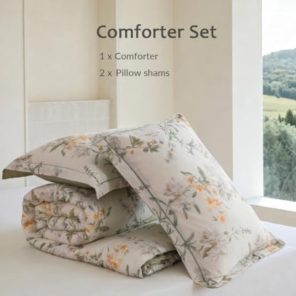 Queen Comforter Set 3 Pieces, 100% Cotton Sage Green Botanical Floral Bedding Set for All‑Season, Soft Breathable Comforter with 2 Pillow Shams