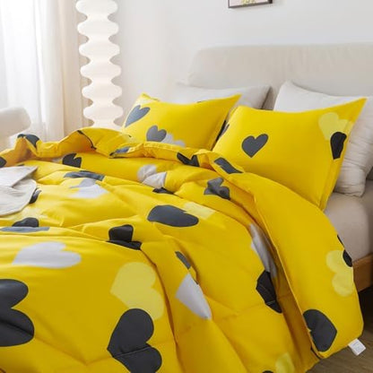 Caressma Farmhouse Yellow Queen Size Comforter Set 3 Pieces Bedding Set with Black Heart All Season Fluffy Soft Lightweight(1 Comforter & 2 Pillowshams)
