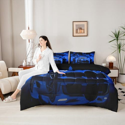 jejeloiu Kids Race Car Comforter Set with Sheets Queen Size Extreme Sport Games Bedding Set for Boys Girls Bedroom Decor Modern Blue Bed in a Bag Soft Lightweight Microfiber