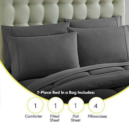 Full Size Comforter Set with Sheets - 7-Piece Bedding Collection - 1 Comforter, 1 Fitted Sheet, 1 Flat, 4 Pillowcases - Deep Pocket - Soft & Breathable Premium Quality - Ideal for All Seasons, Gray