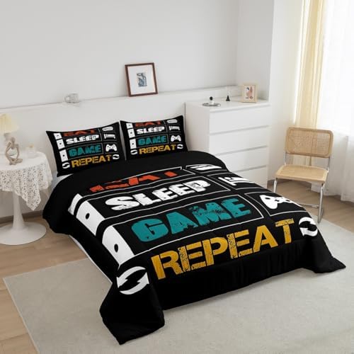Boys Gaming Comforter Sets for Kids Full Size Gamer Bedding Set Teens Video Games Comforter Duvet Room Decor Funny Creative Eat Sleep Game Repeat Design Reversible Inner Fill Quilt Set All Season