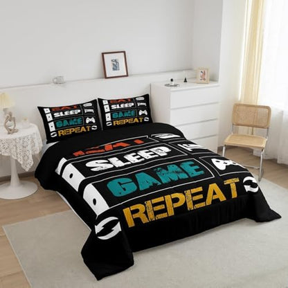 Boys Gaming Comforter Sets for Kids Full Size Gamer Bedding Set Teens Video Games Comforter Duvet Room Decor Funny Creative Eat Sleep Game Repeat Design Reversible Inner Fill Quilt Set All Season