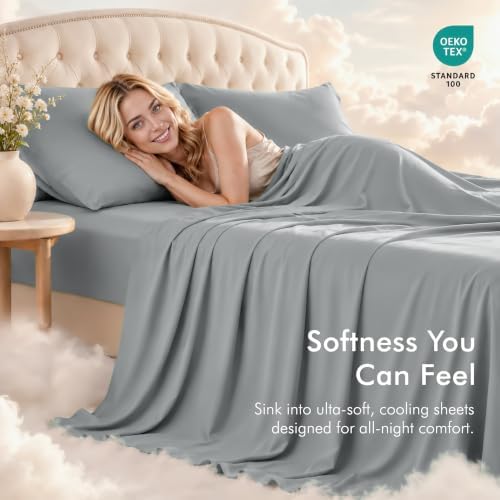 Queen Sheets Set, 4 Pcs 16" Deep Pocket Hotel Luxury Bed Sheets, Light Grey