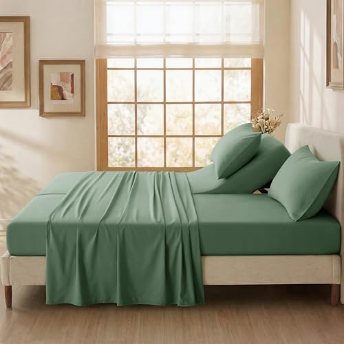 P Pothuiny 5-Piece Split King Sheets Set, Sage Green Soft Microfiber Fabric